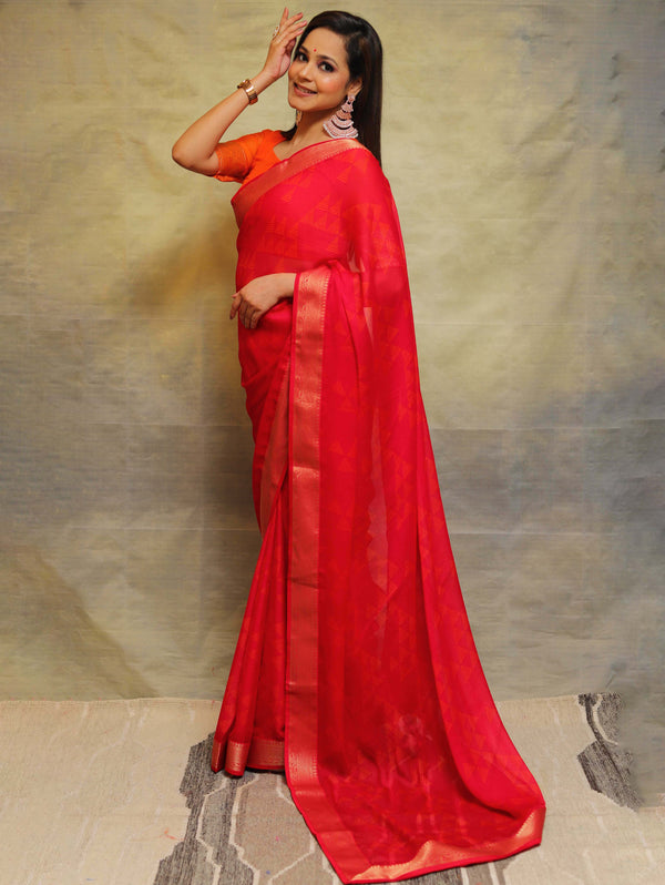 Banarasee Chiffon Blend Saree Chunri Print Zari Border & Silk Blouse-Pink