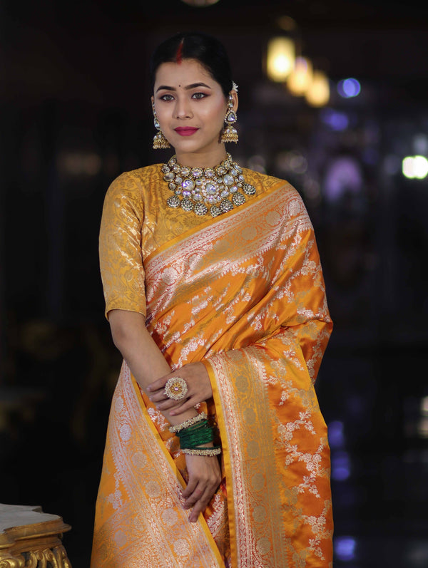 Banarasee Handloom Mashru Silk Saree With Zari Jaal Work & Floral Border-Yellow