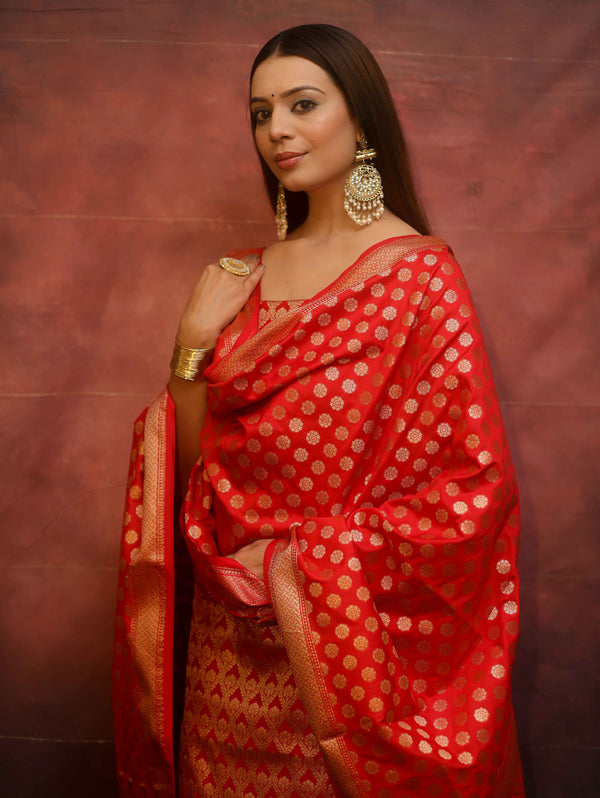 Banarasee Zari Work Semi Katan Salwar Kameez Fabric With Dupatta-Red
