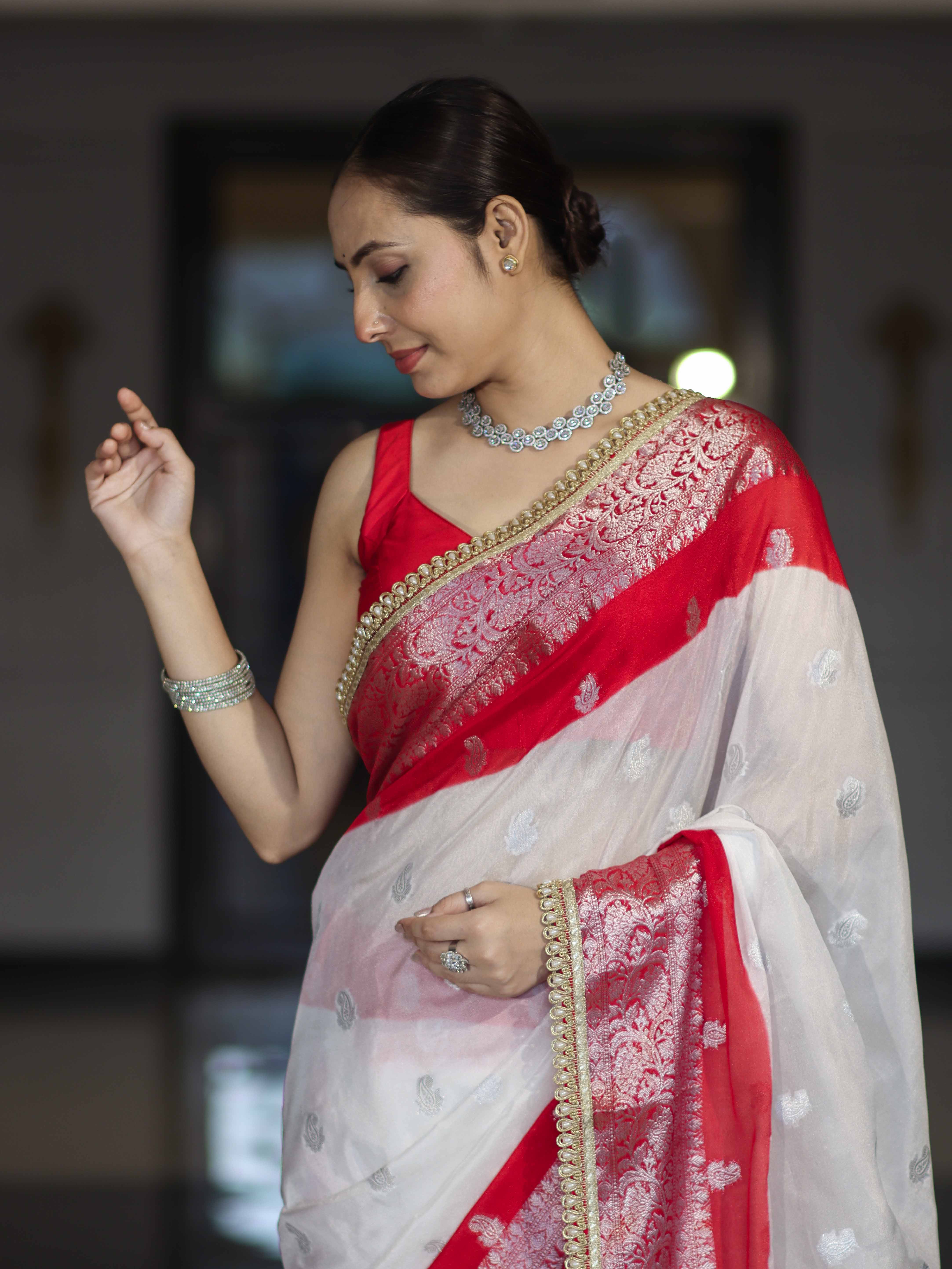 Banarasee Handwoven Chiffon Saree With Zari Buta Work & Contrast Border-White & Red