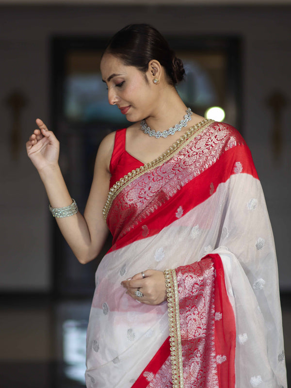 Banarasee Handwoven Chiffon Saree With Zari Buta Work & Contrast Border-White & Red