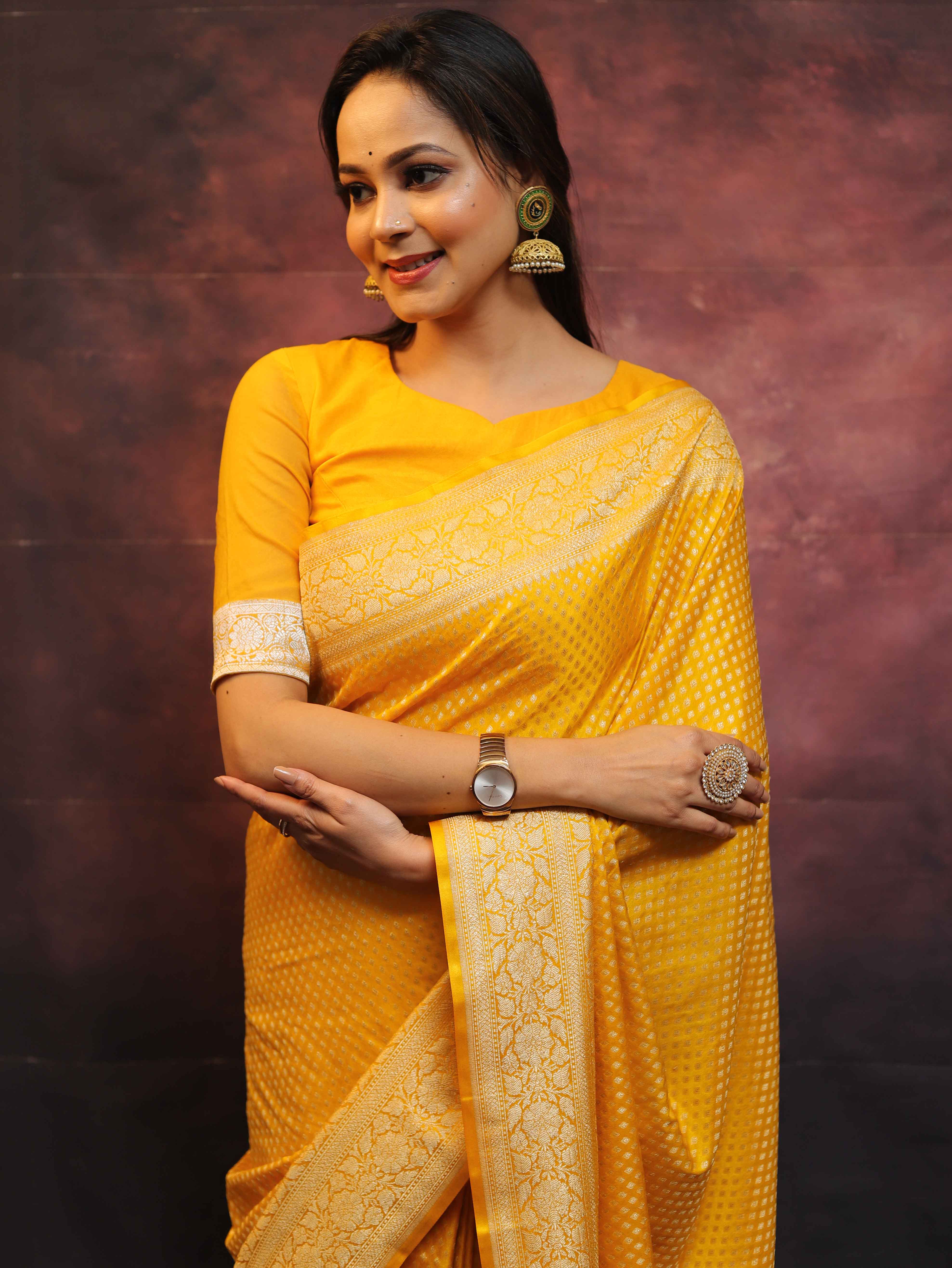 Banarasee Semi-Katan Zari Buta Saree-Yellow