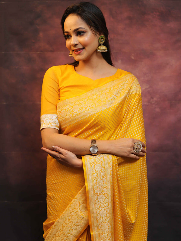 Banarasee Semi-Katan Zari Buta Saree-Yellow