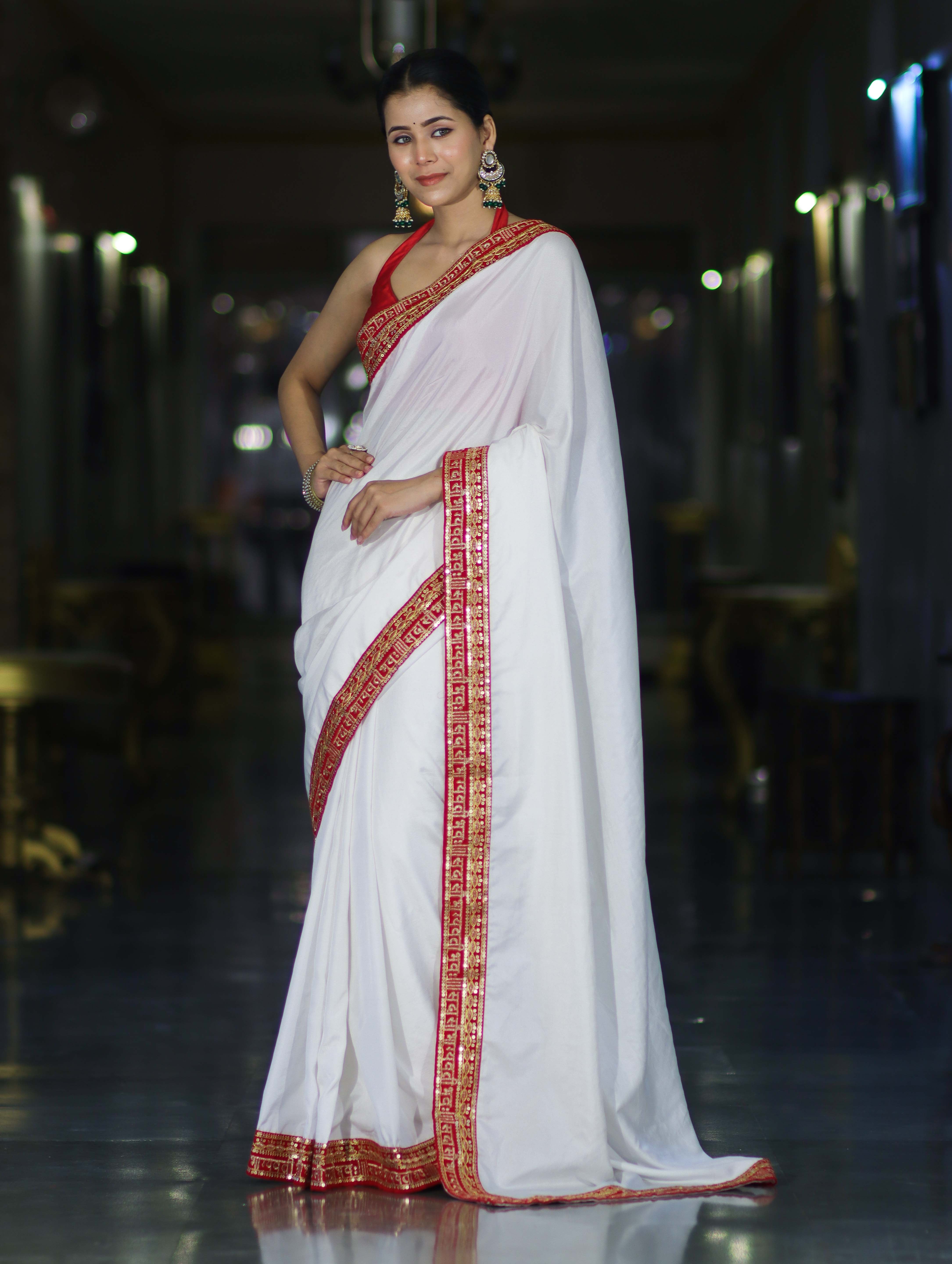 Banarasee Handloom Satin Silk (Saubhagyavati Bhava) Lace Saree-White