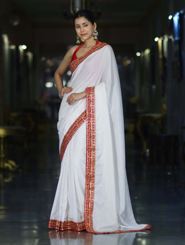 Banarasee Handloom Satin Silk (Saubhagyavati Bhava) Lace Saree-White