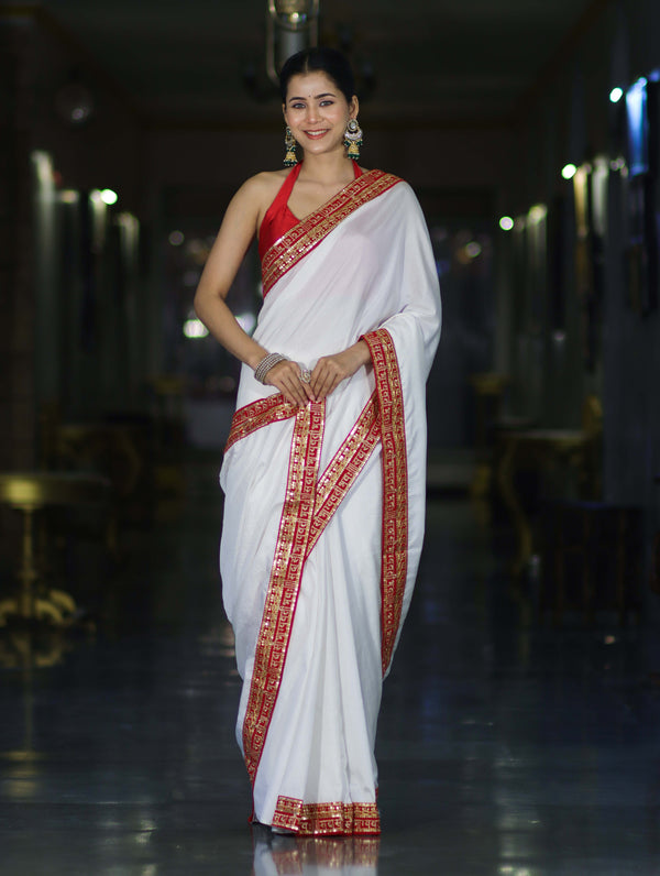 Banarasee Handloom Satin Silk (Saubhagyavati Bhava) Lace Saree-White