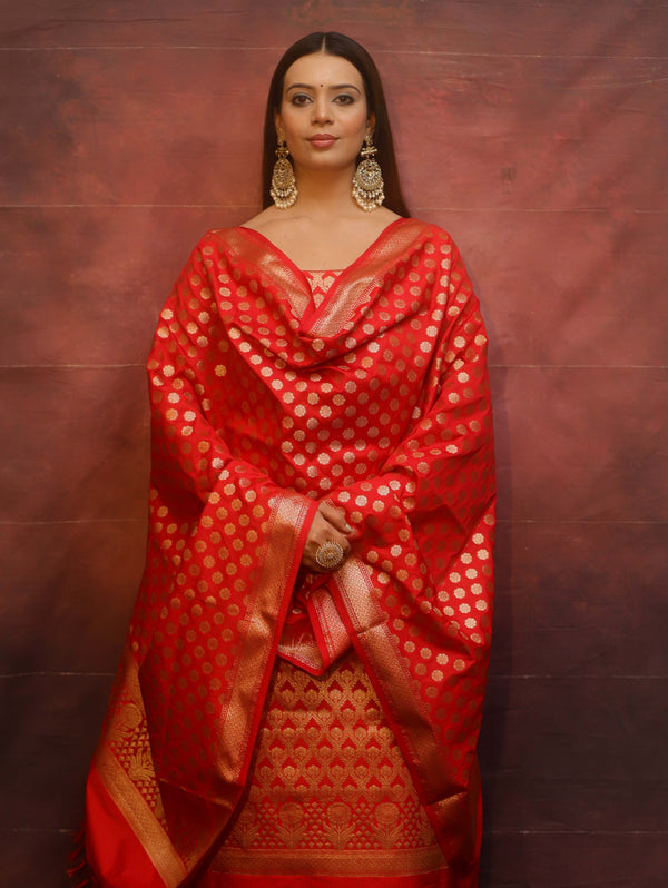 Banarasee Zari Work Semi Katan Salwar Kameez Fabric With Dupatta-Red