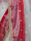 Banarasee Handwoven Chiffon Saree With Zari Buta Work & Contrast Border-White & Red