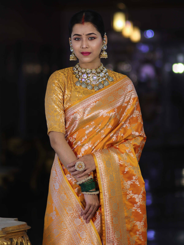 Banarasee Handloom Mashru Silk Saree With Zari Jaal Work & Floral Border-Yellow