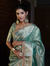 Banarasee Handwoven Tissue Saree With Stripe Pattern Zari Border & Lace-Multicolor