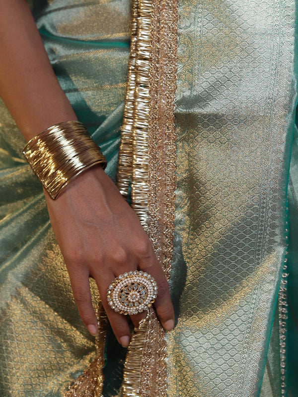 Banarasee Handwoven Tissue Saree With Stripe Pattern Zari Border & Lace-Multicolor