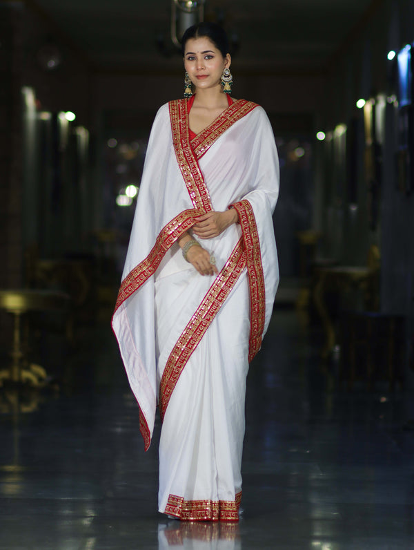 Banarasee Handloom Satin Silk (Saubhagyavati Bhava) Lace Saree-White