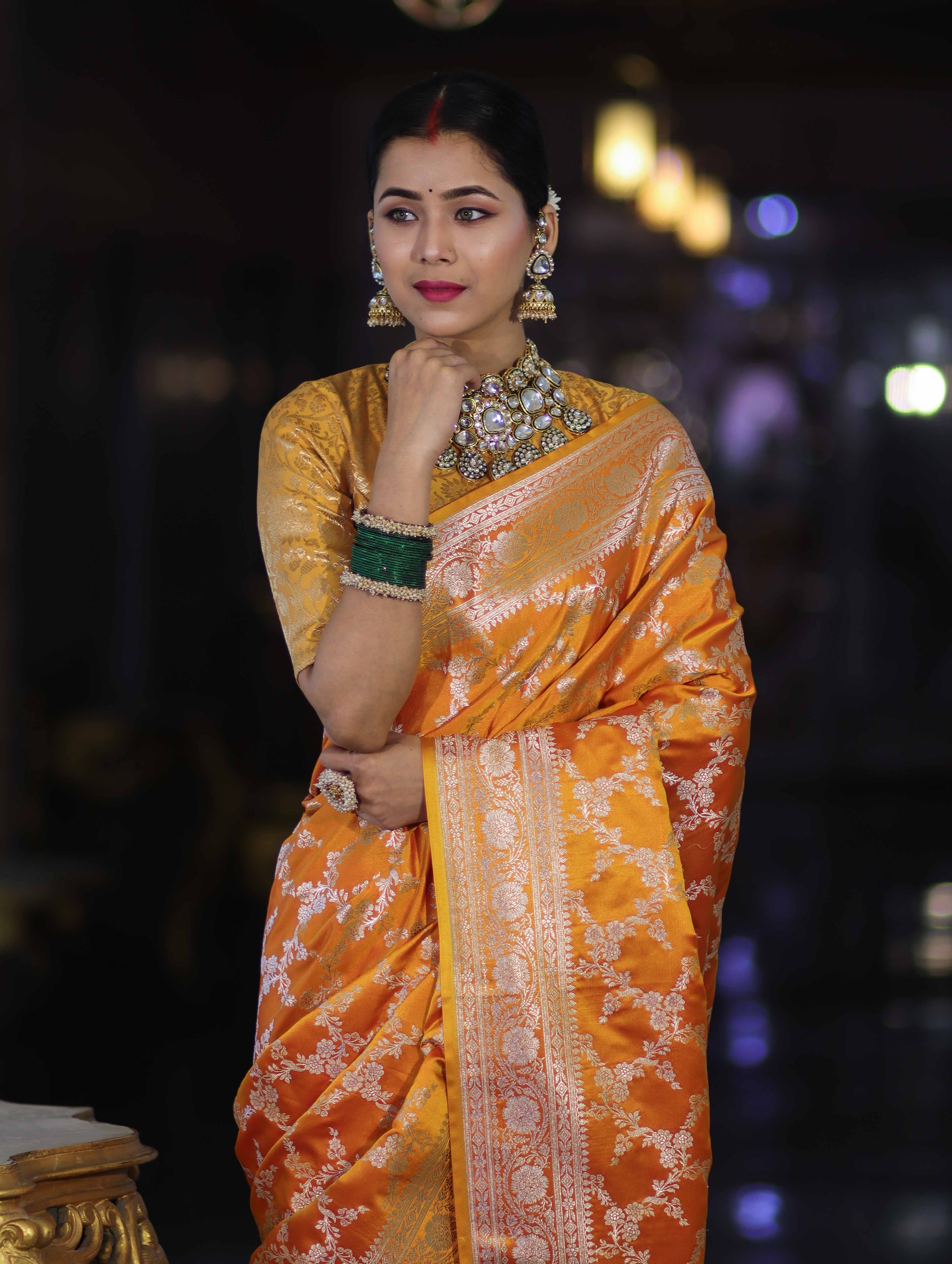 Banarasee Handloom Mashru Silk Saree With Zari Jaal Work & Floral Border-Yellow