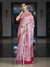 Banarasee Chiffon Saree With Hand Embroidered Mirror Work Zari Woven Design & Contrast Border-Pink
