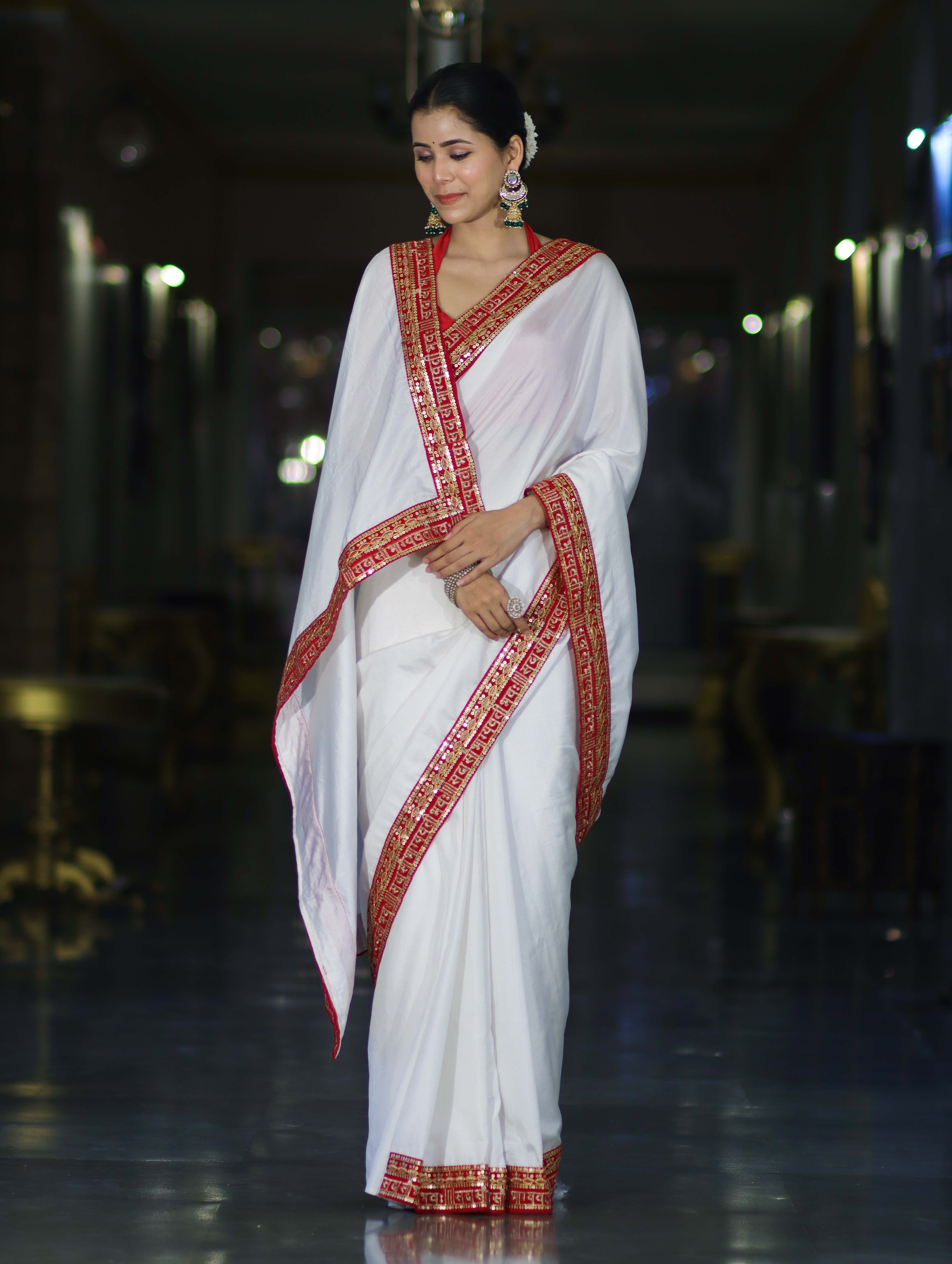Banarasee Handloom Satin Silk (Saubhagyavati Bhava) Lace Saree-White