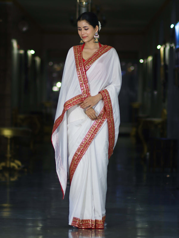Banarasee Handloom Satin Silk (Saubhagyavati Bhava) Lace Saree-White
