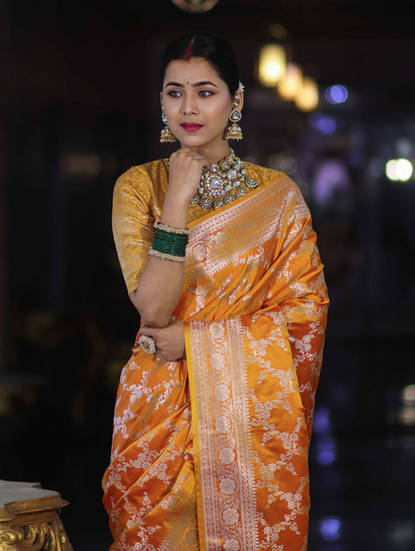 Banarasee Handloom Mashru Silk Saree With Zari Jaal Work & Floral Border-Yellow