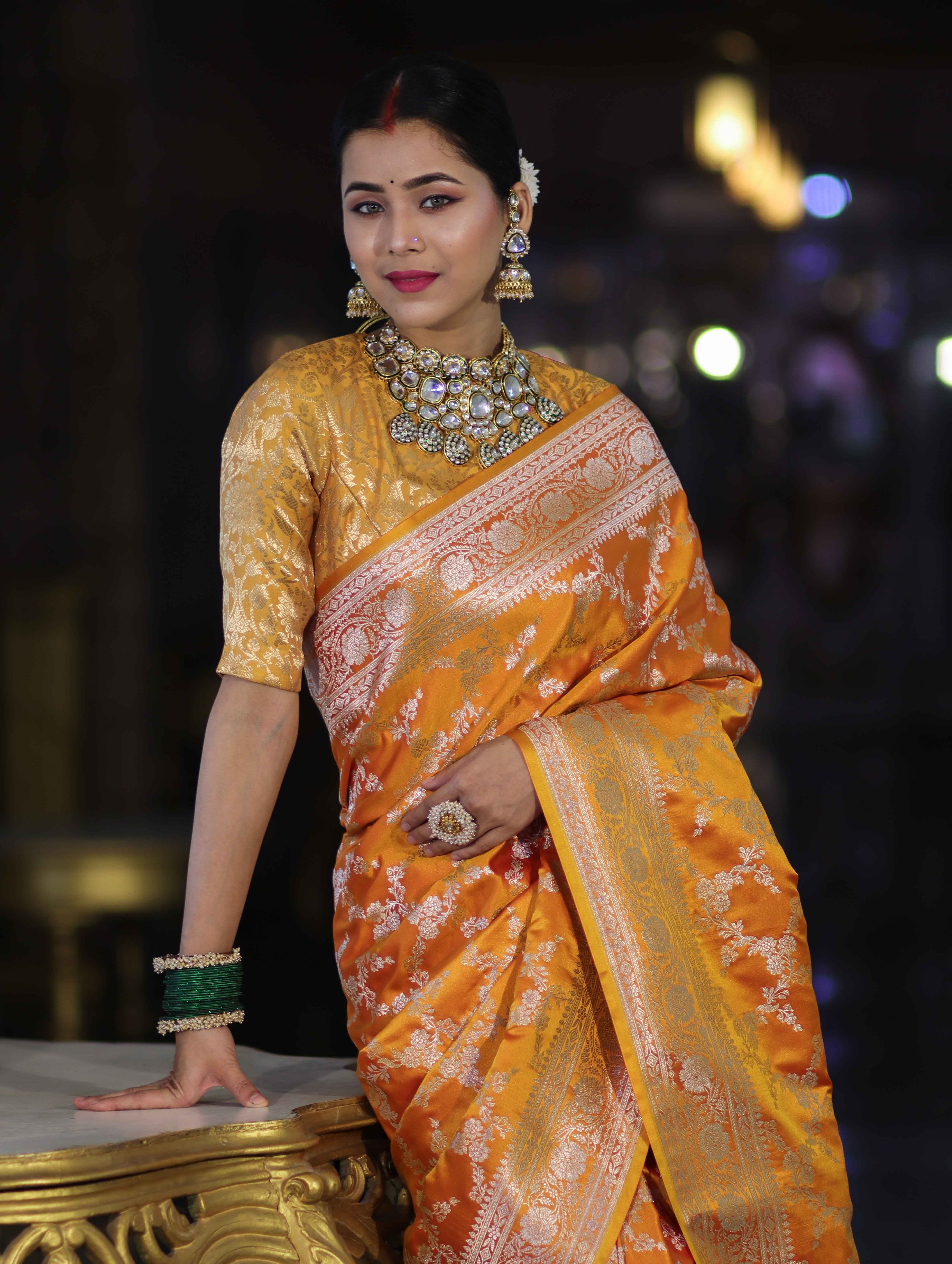 Banarasee Handloom Mashru Silk Saree With Zari Jaal Work & Floral Border-Yellow