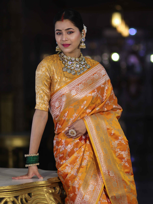 Banarasee Handloom Mashru Silk Saree With Zari Jaal Work & Floral Border-Yellow