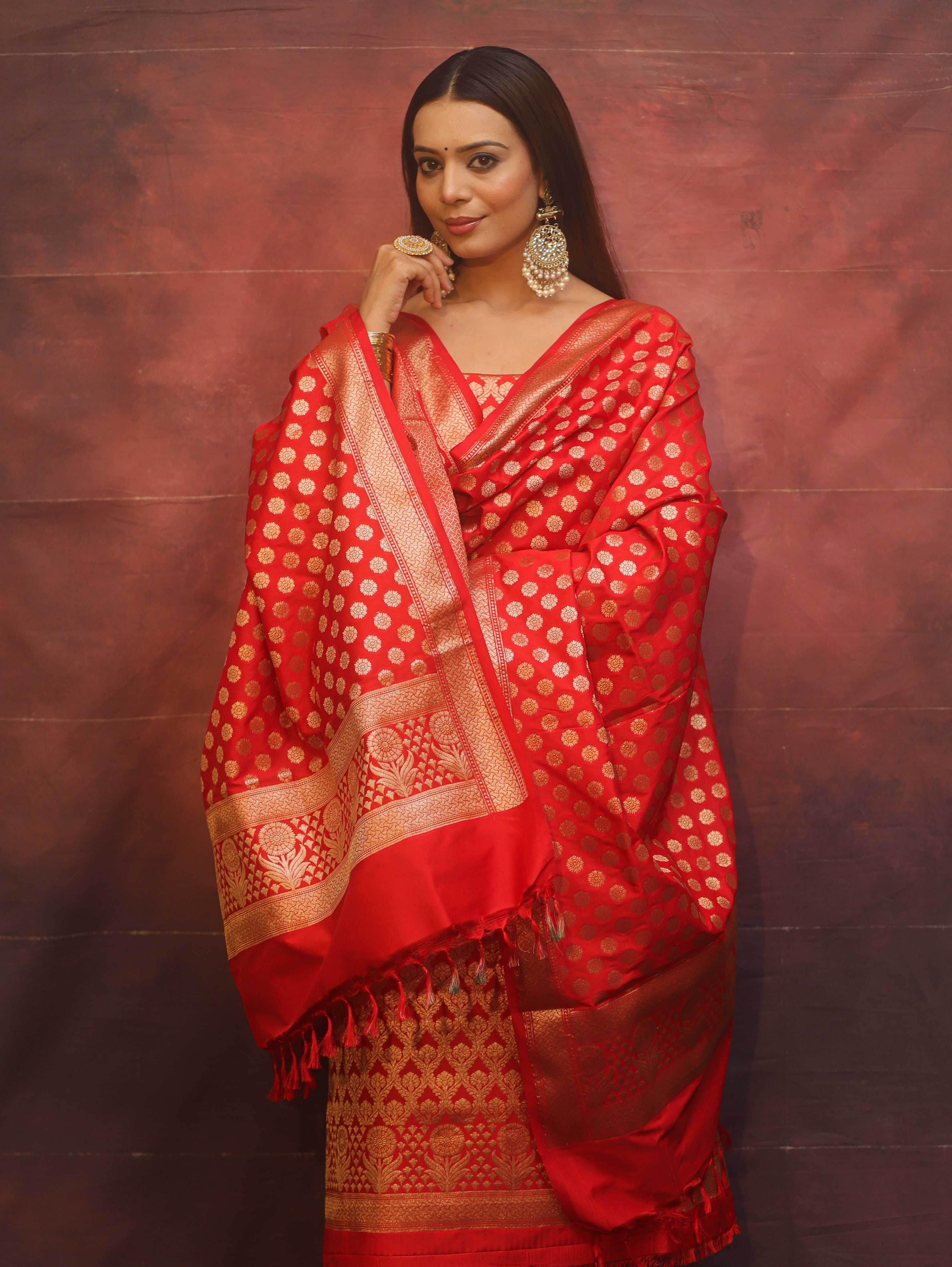 Banarasee Zari Work Semi Katan Salwar Kameez Fabric With Dupatta-Red