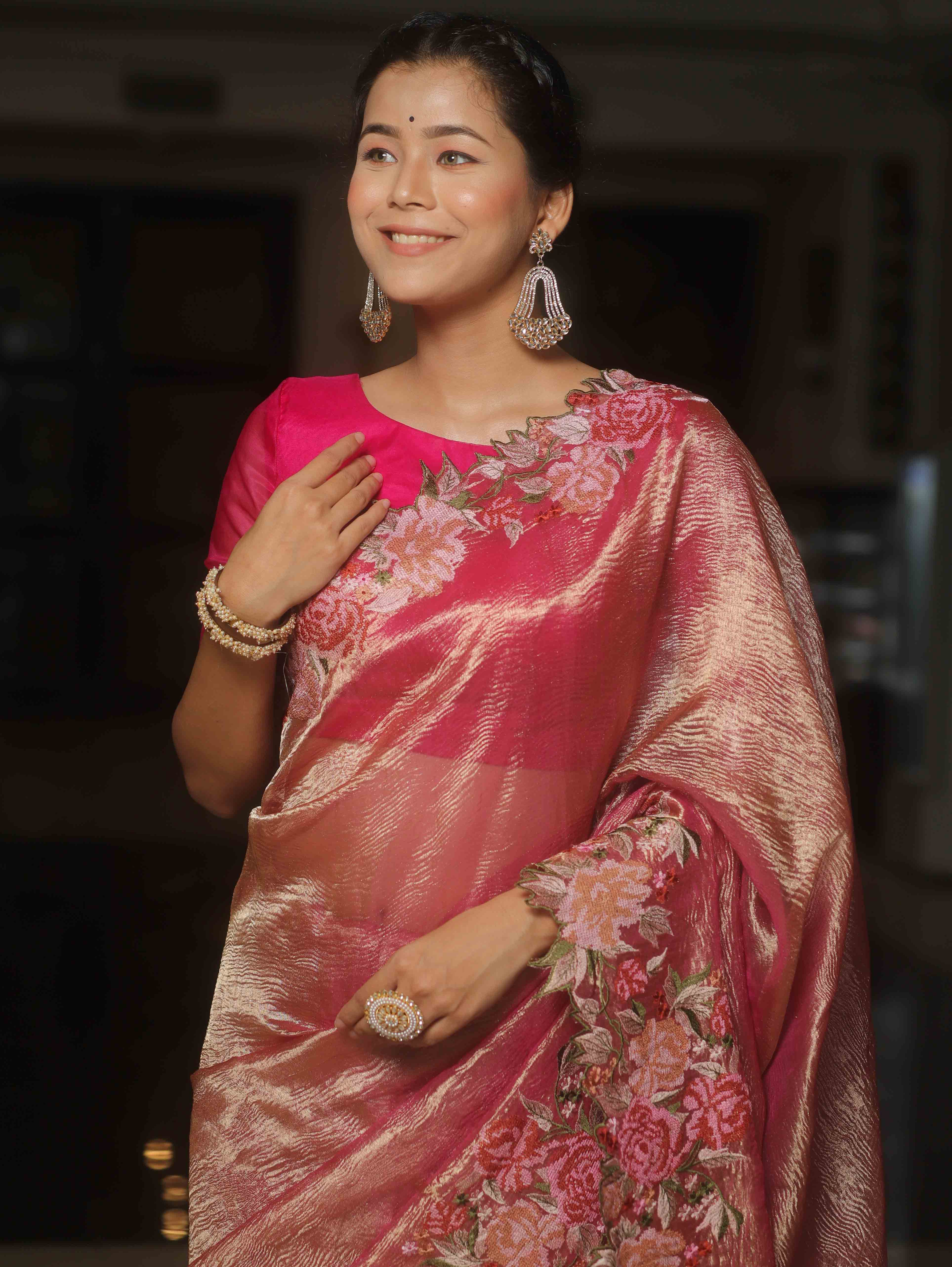 Banarasee Handwoven Crushed Tissue Saree With Embroidery Border-Pink