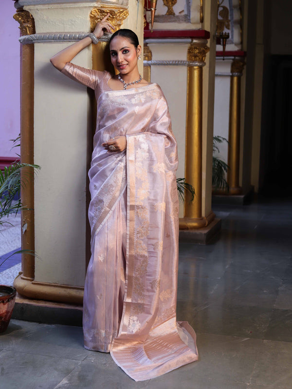 Banarasee Handwoven Tissue Saree With Sona Rupa Zari Buti Design-Light Pink