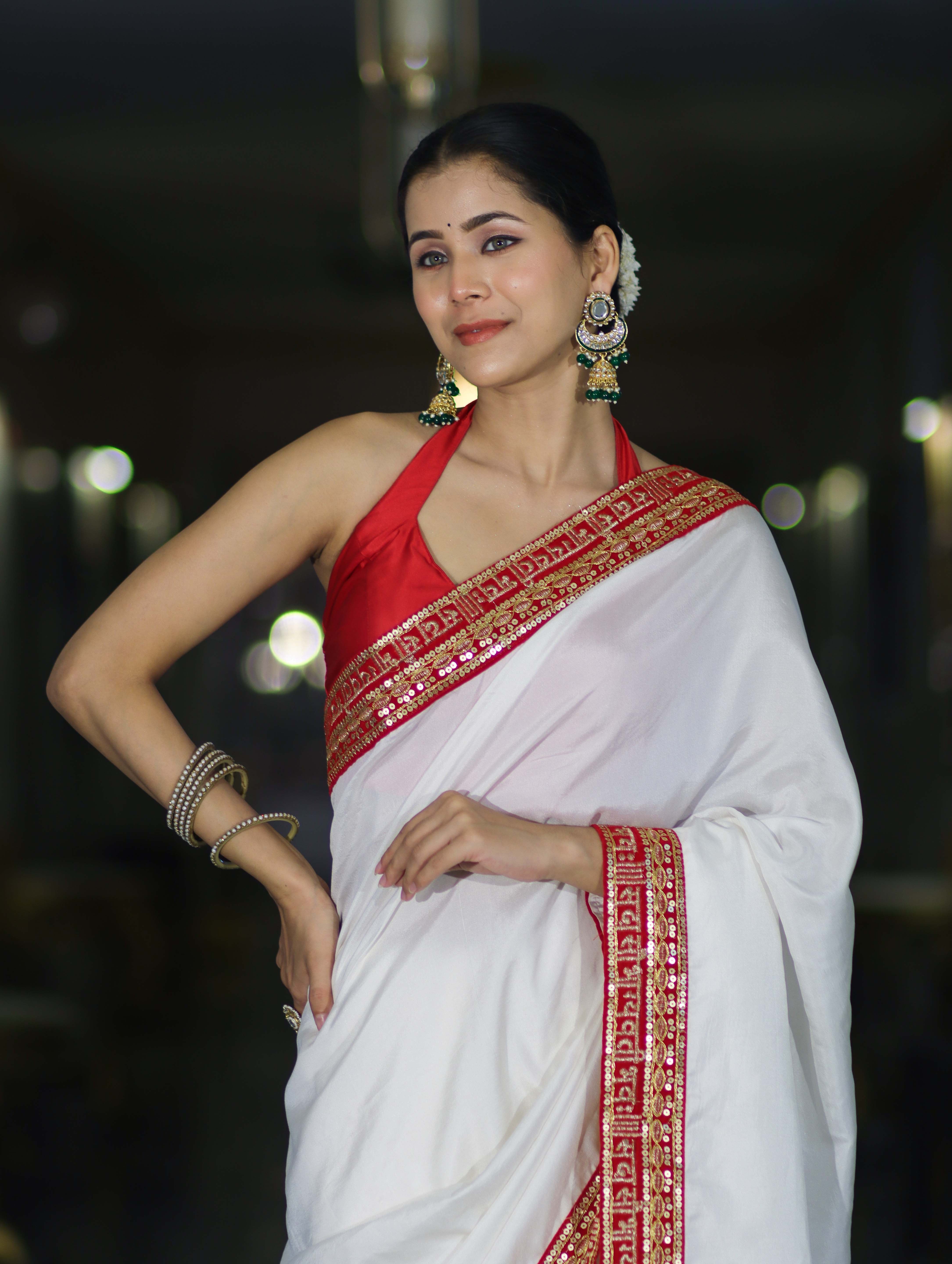 Banarasee Handloom Satin Silk (Saubhagyavati Bhava) Lace Saree-White