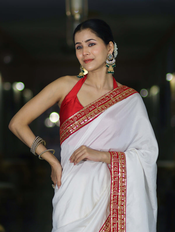 Banarasee Handloom Satin Silk (Saubhagyavati Bhava) Lace Saree-White
