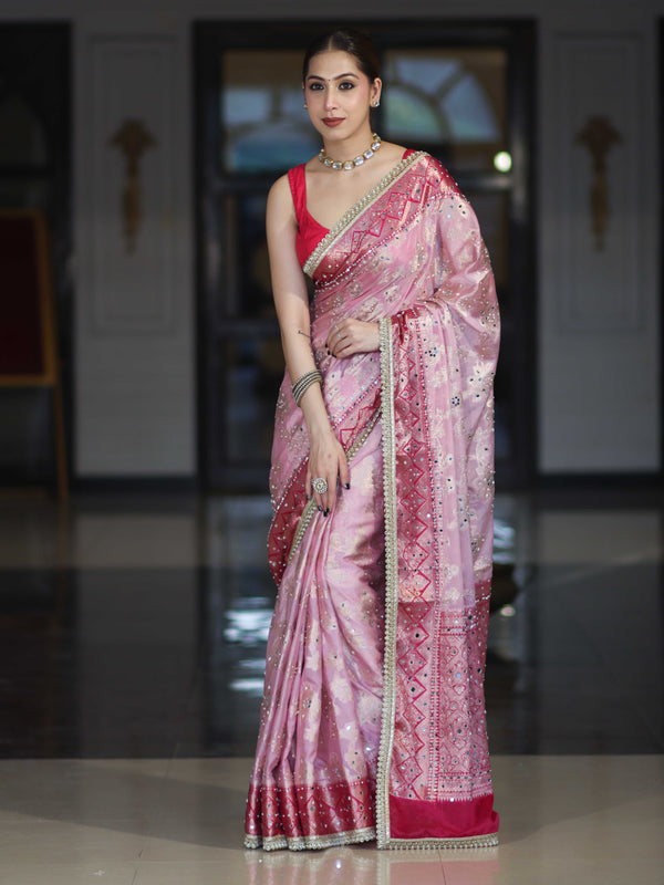 Banarasee Chiffon Saree With Hand Embroidered Mirror Work Zari Woven Design & Contrast Border-Pink