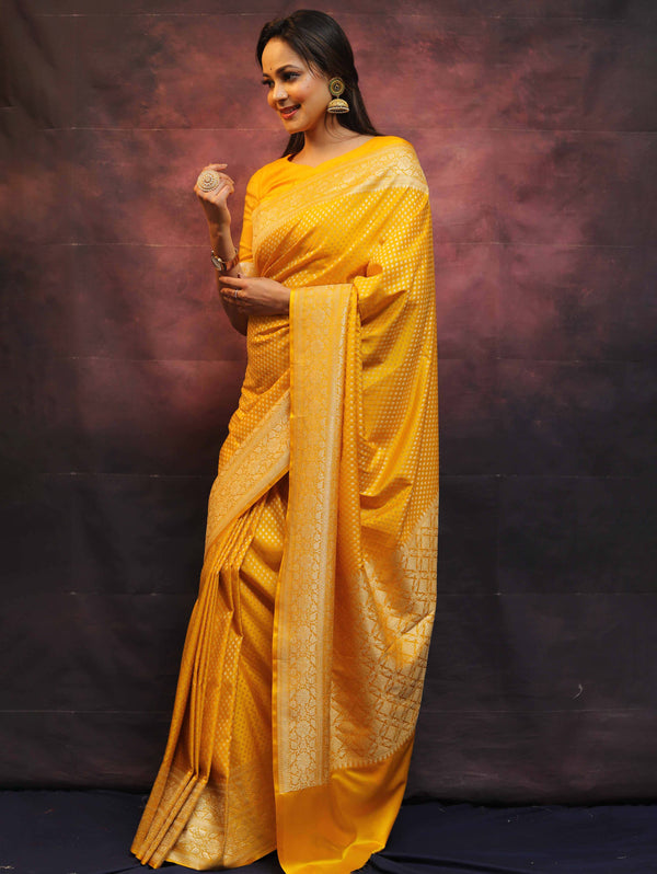 Banarasee Semi-Katan Zari Buta Saree-Yellow