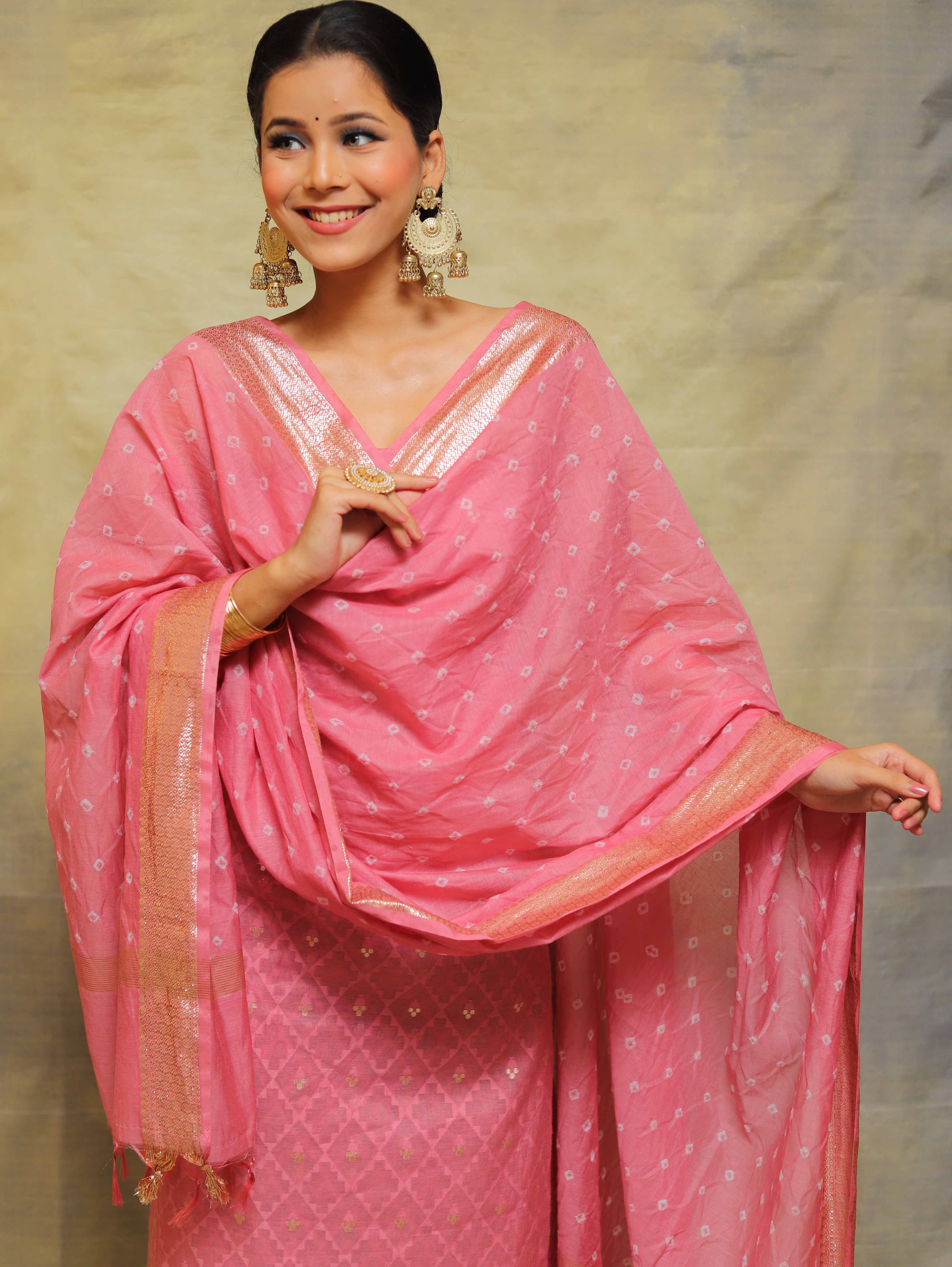 Banarasee Chanderi Cotton Salwar Kameez Fabric With Embroidery Work-Onion Pink