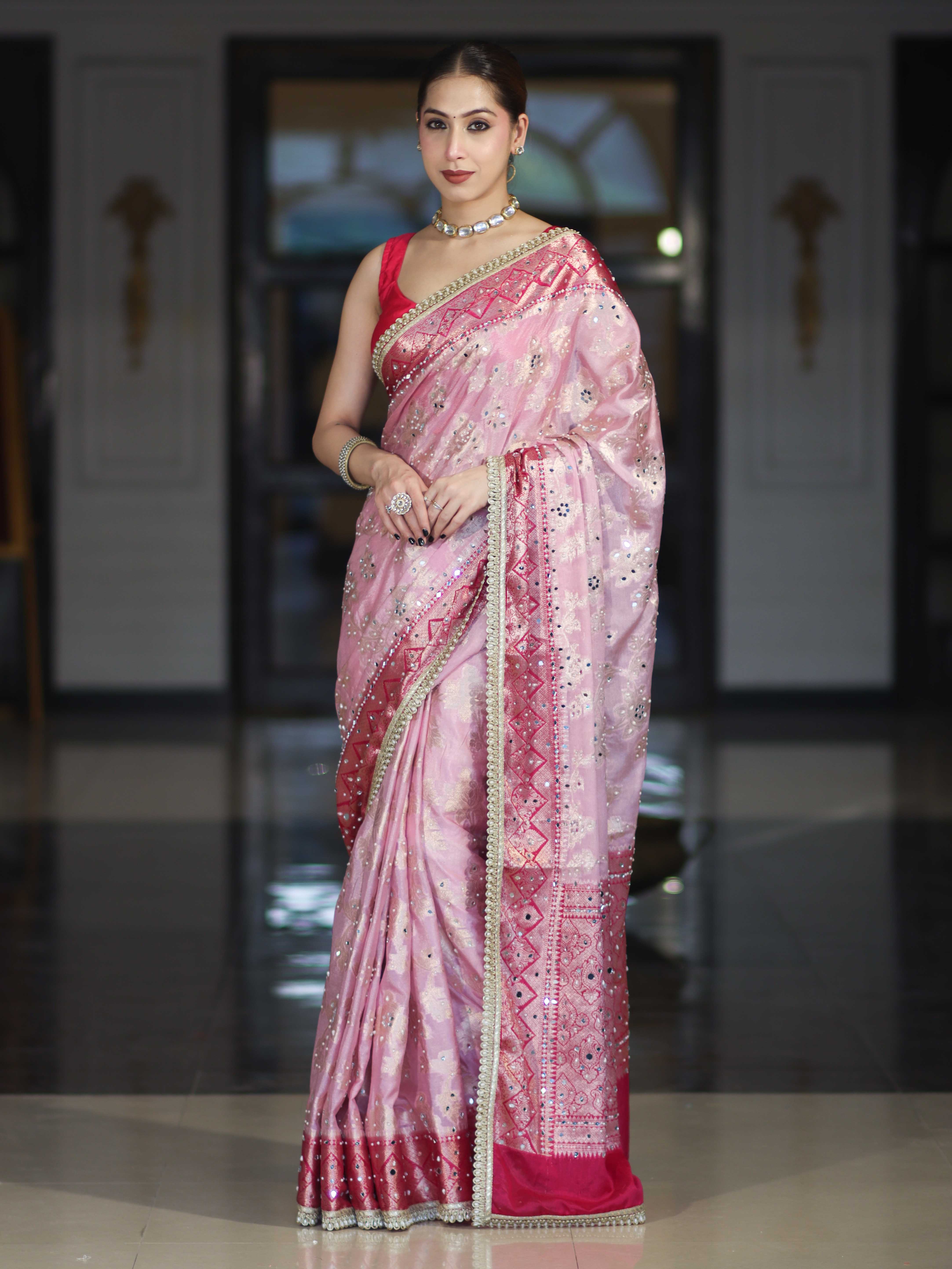 Banarasee Chiffon Saree With Hand Embroidered Mirror Work Zari Woven Design & Contrast Border-Pink