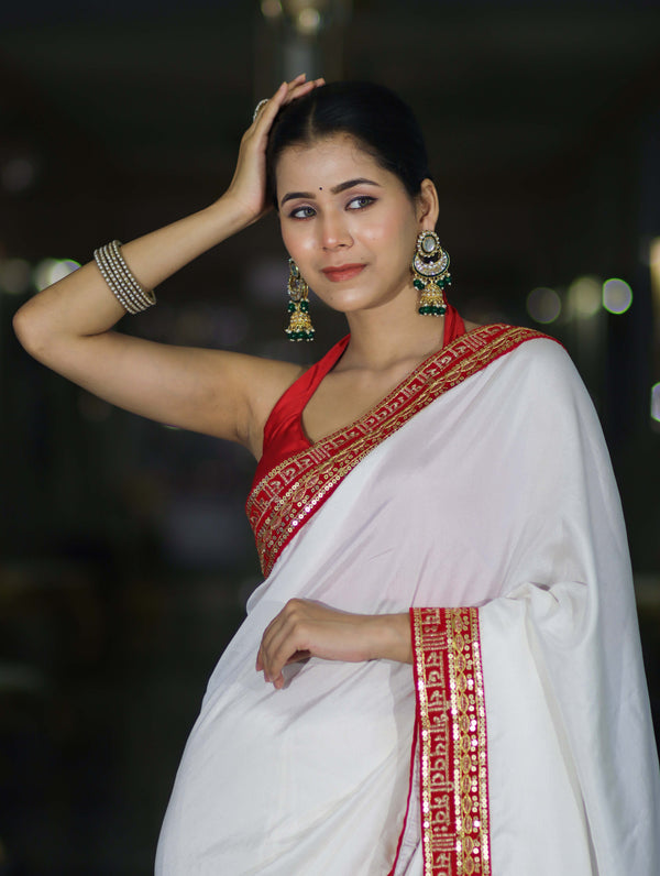 Banarasee Handloom Satin Silk (Saubhagyavati Bhava) Lace Saree-White