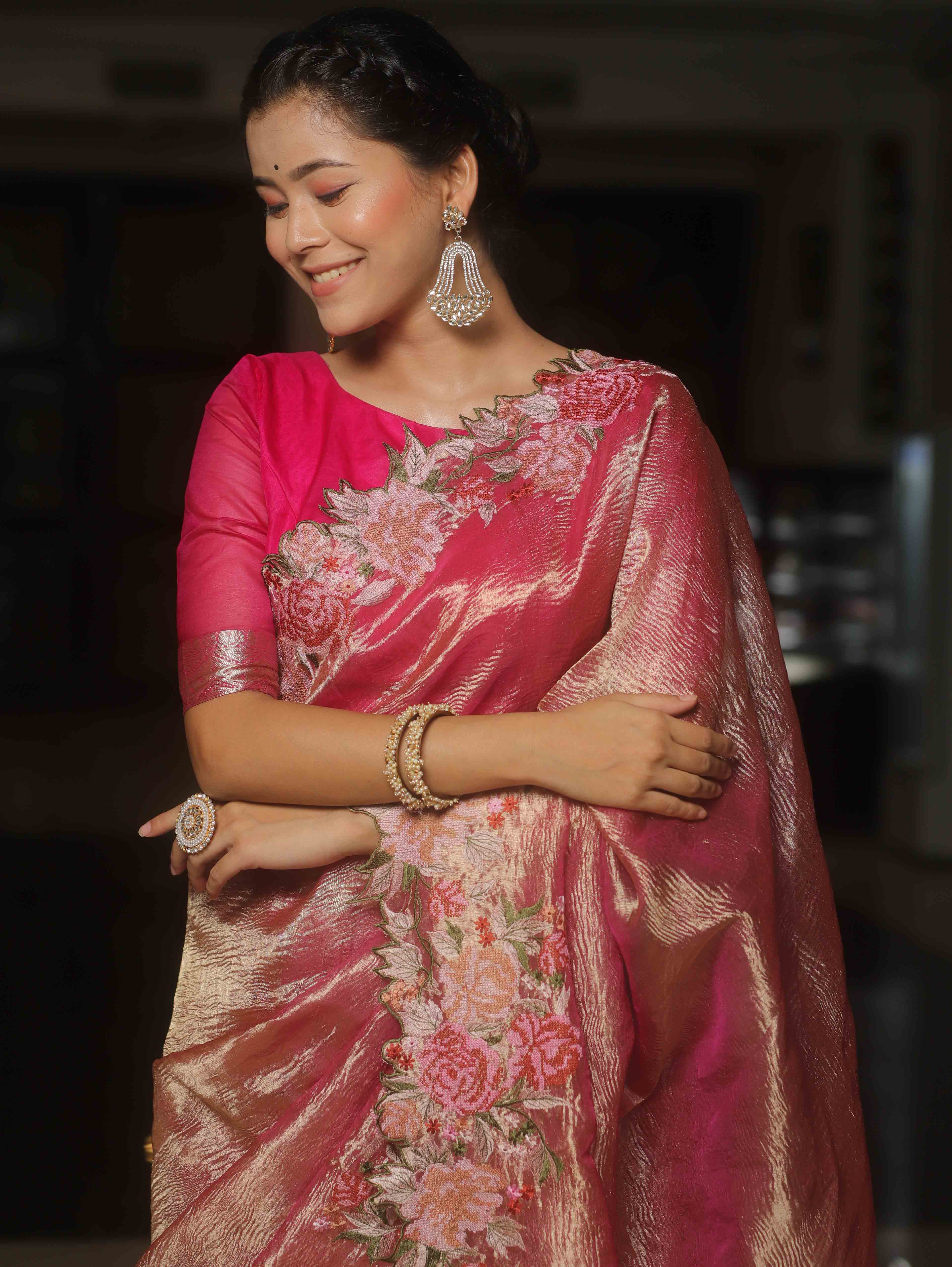 Banarasee Handwoven Crushed Tissue Saree With Embroidery Border-Pink