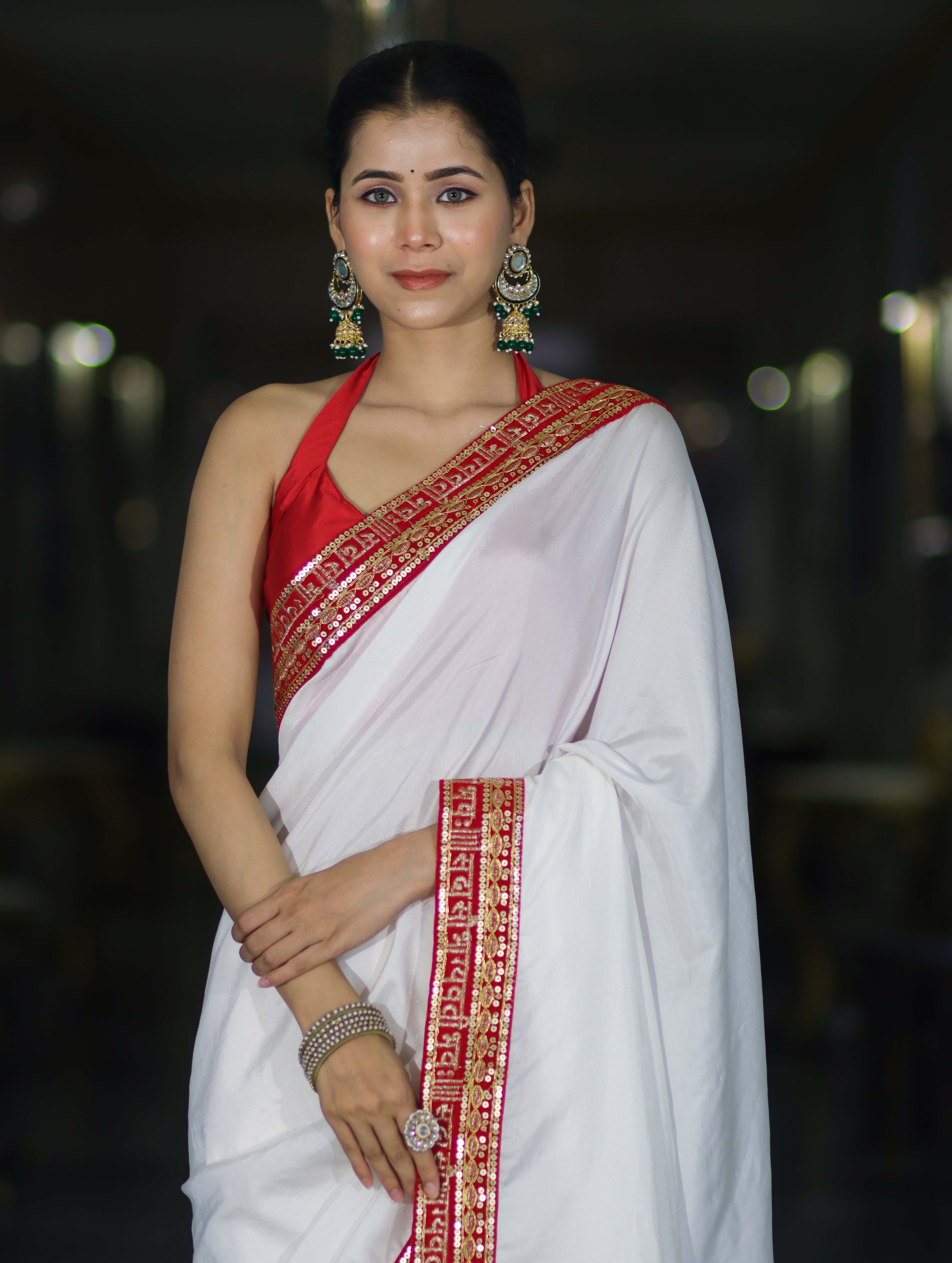 Banarasee Handloom Satin Silk (Saubhagyavati Bhava) Lace Saree-White