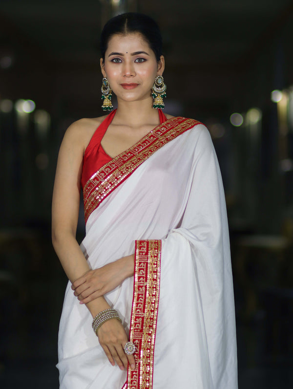 Banarasee Handloom Satin Silk (Saubhagyavati Bhava) Lace Saree-White