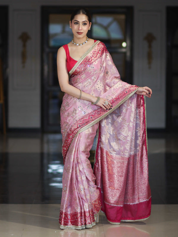 Banarasee Chiffon Saree With Hand Embroidered Mirror Work Zari Woven Design & Contrast Border-Pink
