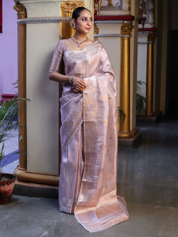 Banarasee Handwoven Tissue Saree With Sona Rupa Zari Buti Design-Light Pink