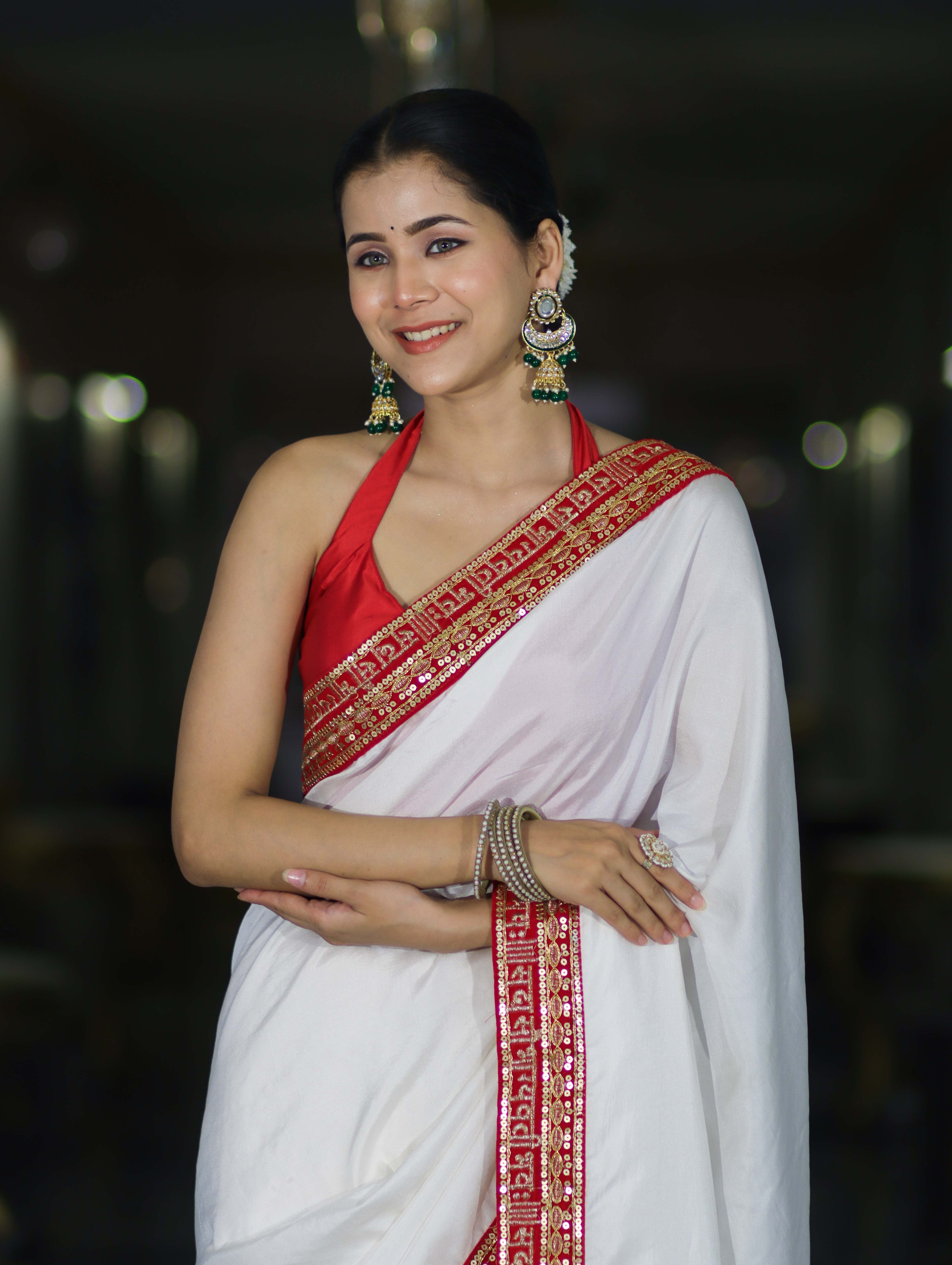 Banarasee Handloom Satin Silk (Saubhagyavati Bhava) Lace Saree-White