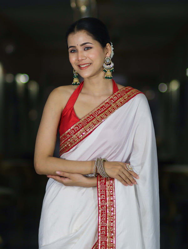 Banarasee Handloom Satin Silk (Saubhagyavati Bhava) Lace Saree-White
