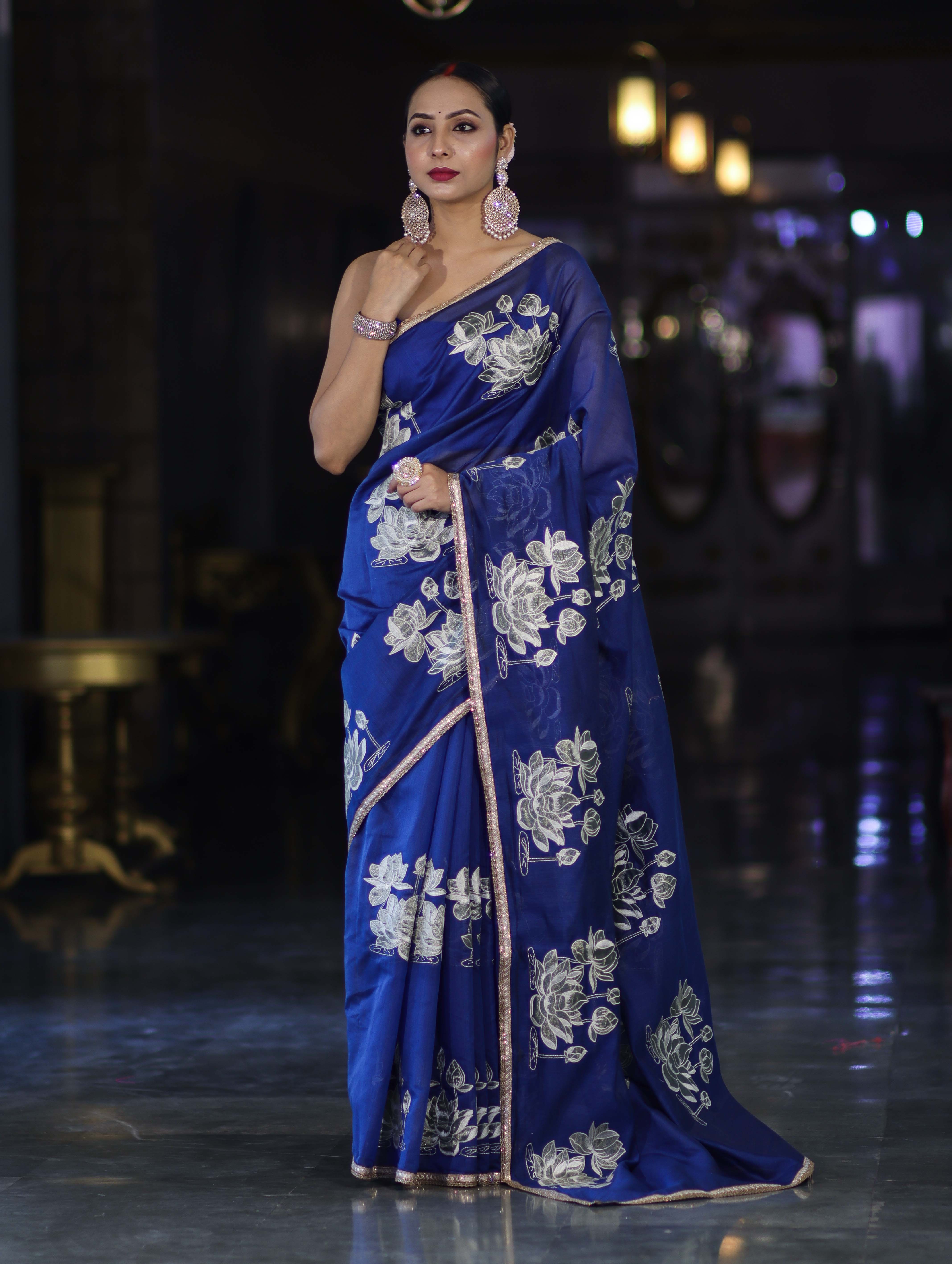 Banarasee Handloom Chanderi Cotton Saree With Applique Work & Lace-Royal Blue