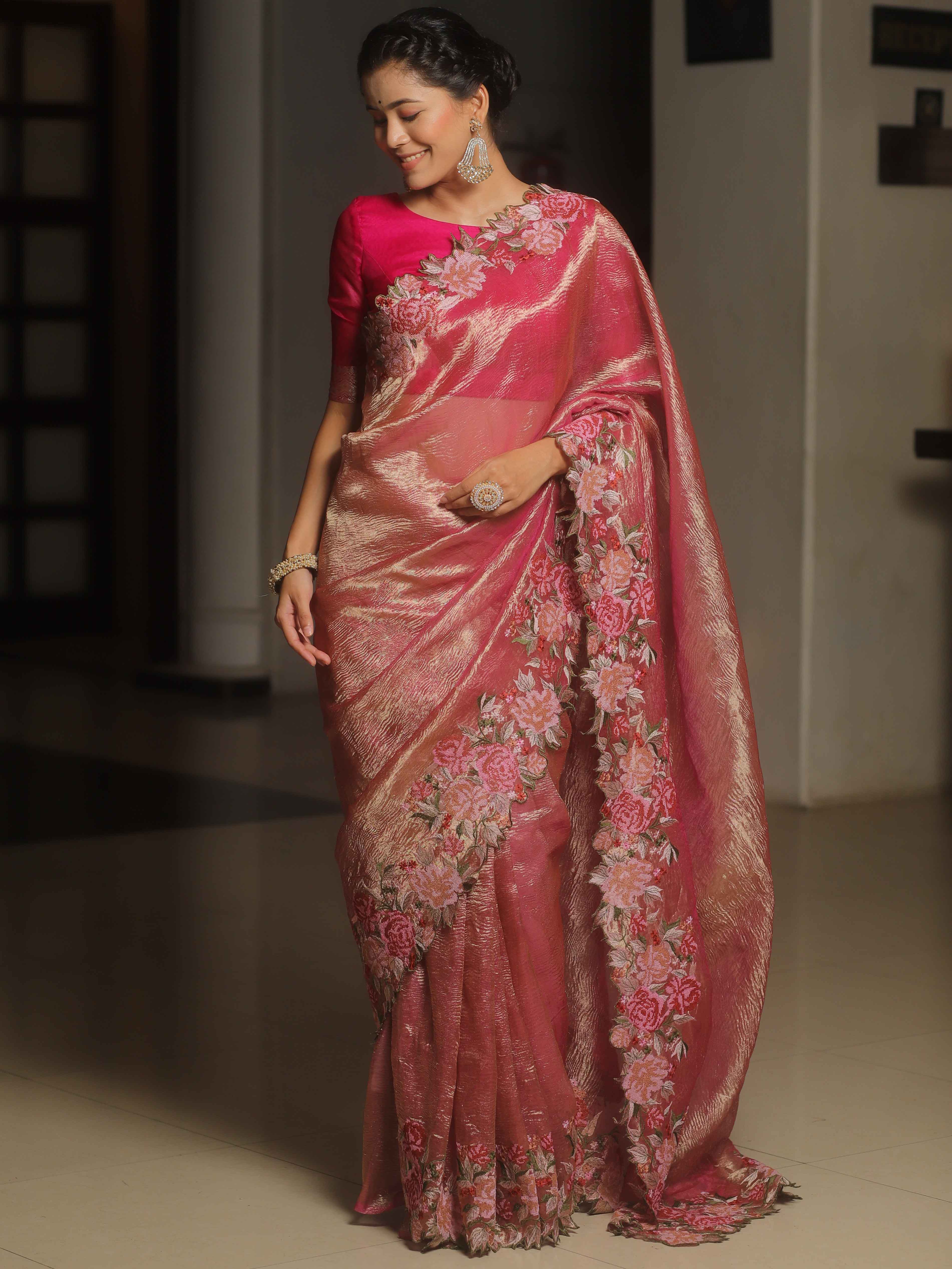 Banarasee Handwoven Crushed Tissue Saree With Embroidery Border-Pink