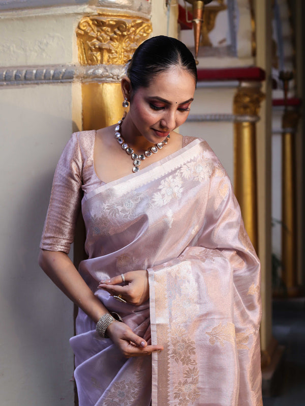 Banarasee Handwoven Tissue Saree With Sona Rupa Zari Buti Design-Light Pink
