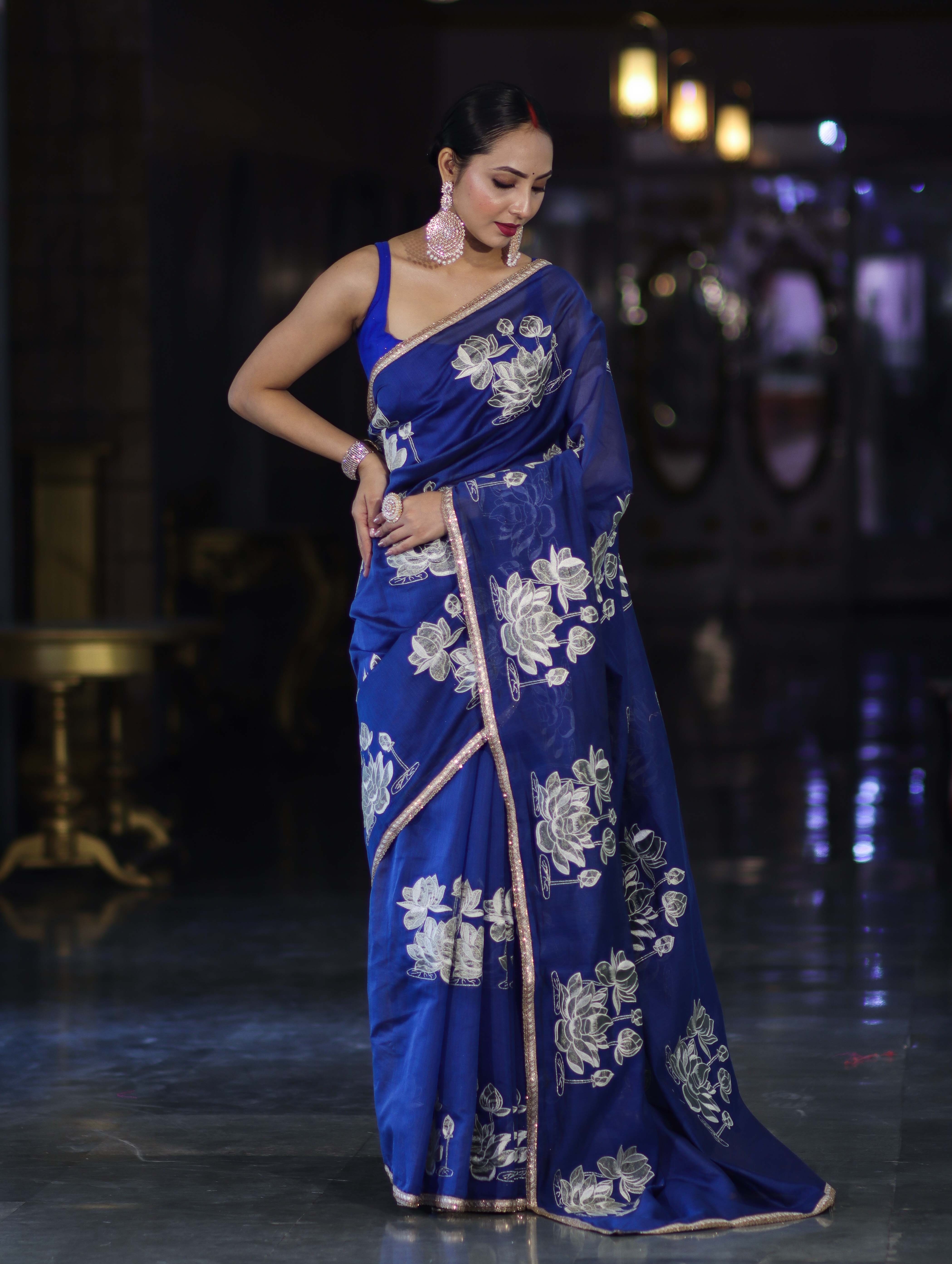 Banarasee Handloom Chanderi Cotton Saree With Applique Work & Lace-Royal Blue