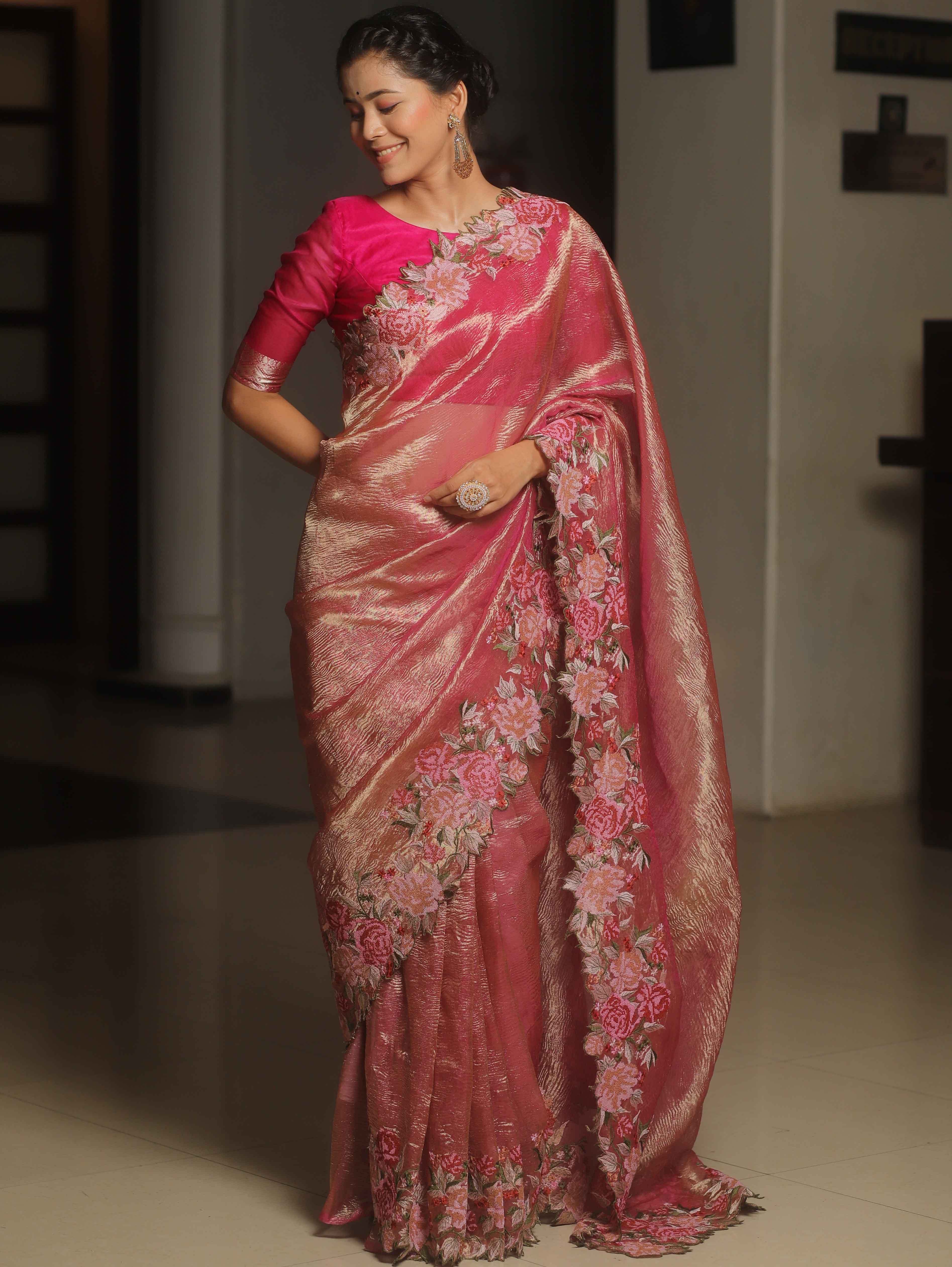 Banarasee Handwoven Crushed Tissue Saree With Embroidery Border-Pink