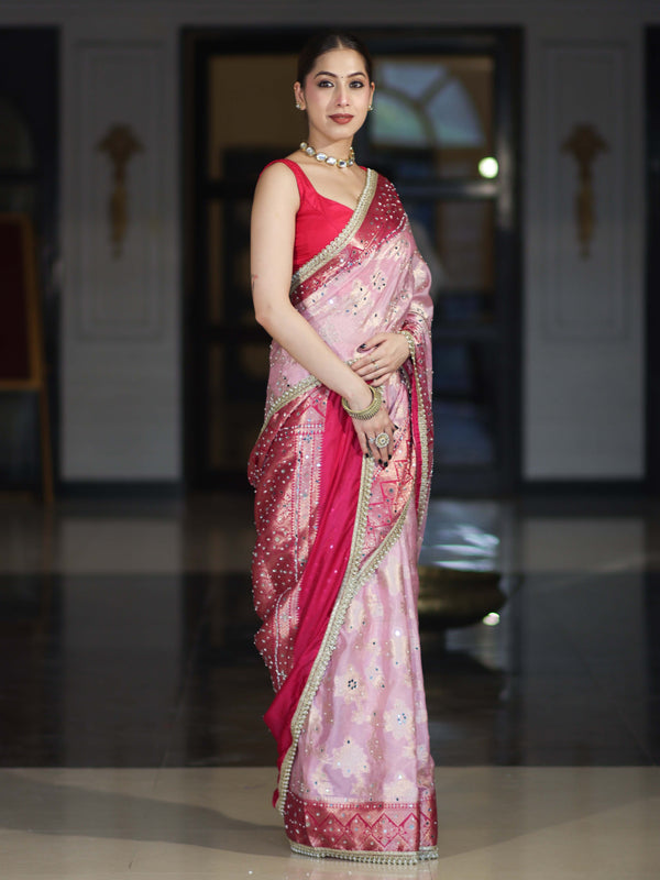 Banarasee Chiffon Saree With Hand Embroidered Mirror Work Zari Woven Design & Contrast Border-Pink