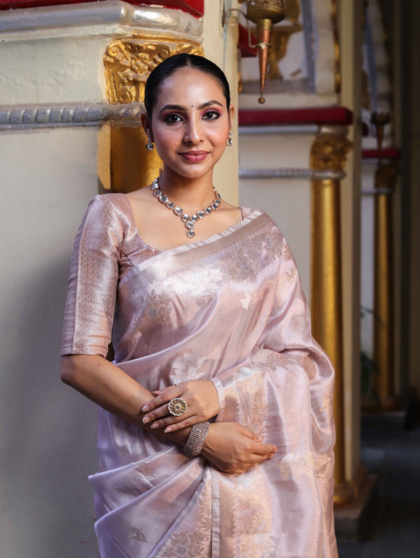 Banarasee Handwoven Tissue Saree With Sona Rupa Zari Buti Design-Light Pink