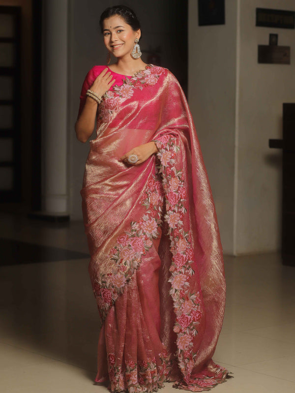 Banarasee Handwoven Crushed Tissue Saree With Embroidery Border-Pink