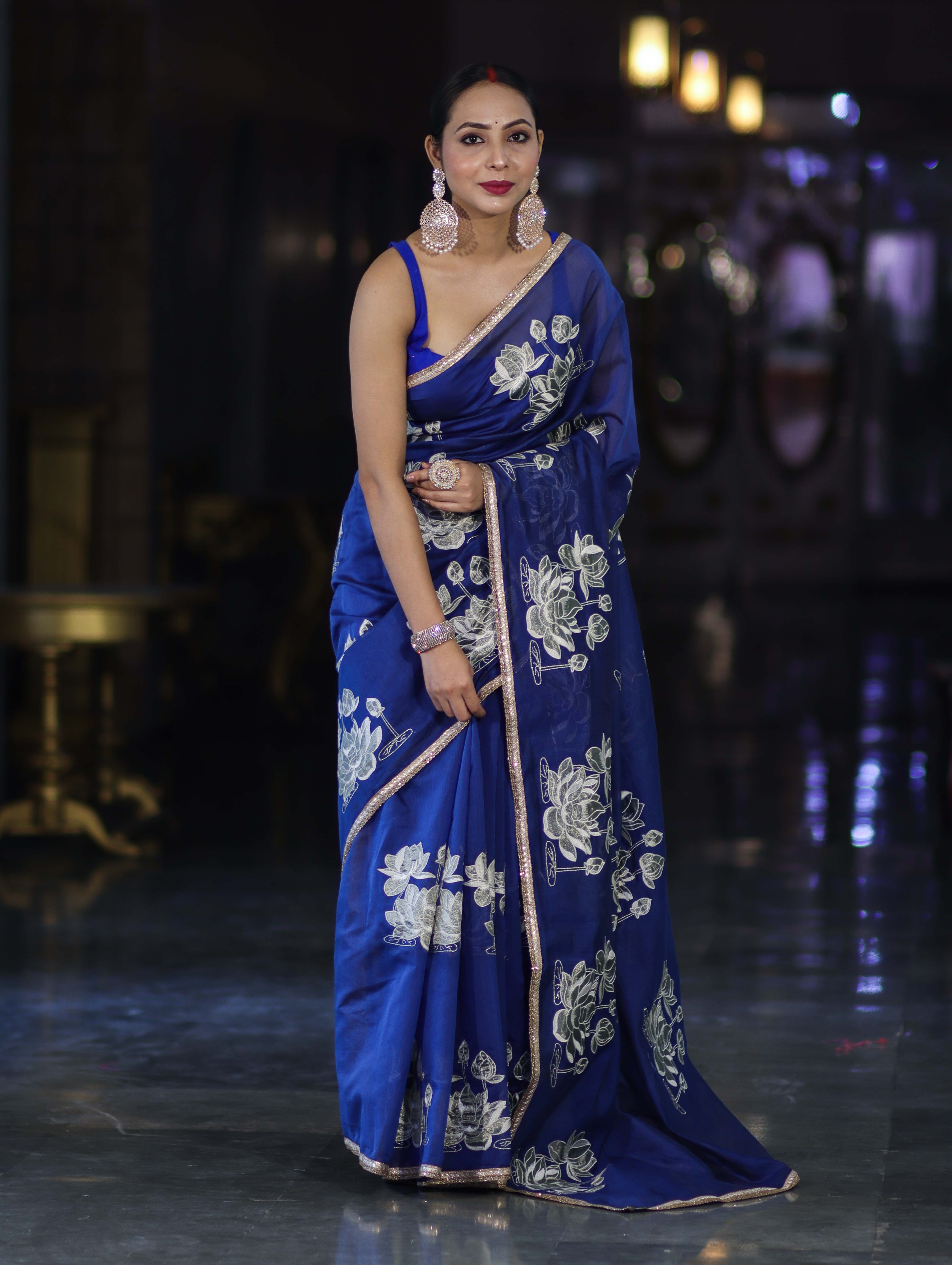 Banarasee Handloom Chanderi Cotton Saree With Applique Work & Lace-Royal Blue