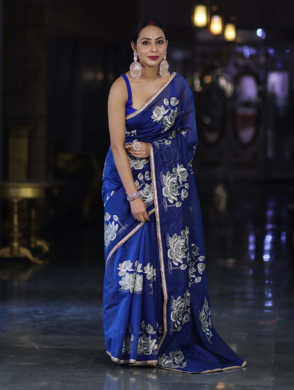 Banarasee Handloom Chanderi Cotton Saree With Applique Work & Lace-Royal Blue